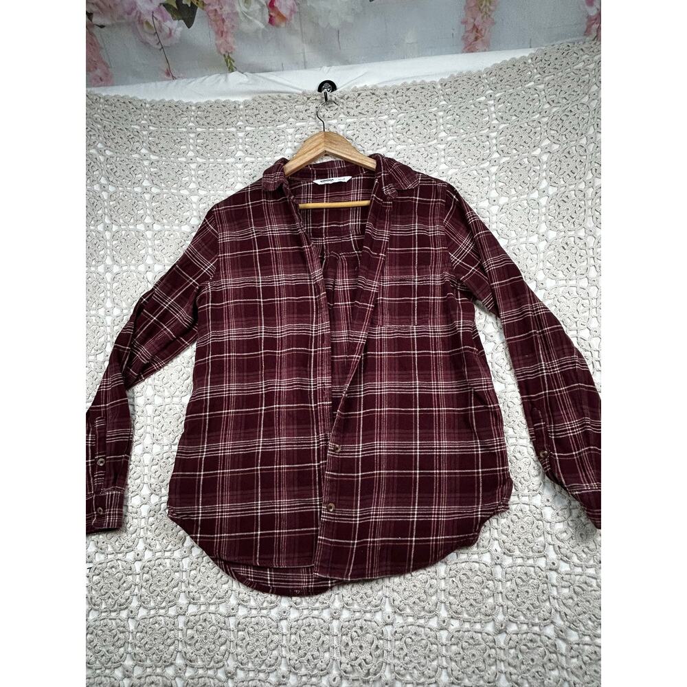SONOMA Burgundy Wine Plaid Upcycled Butterfly Flannel Shirt Size Small - Picture 4 of 11
